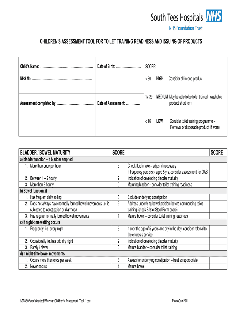 Fillable Online CHILDRENS ASSESSMENT TOOL FOR TOILET TRAINING READINESS