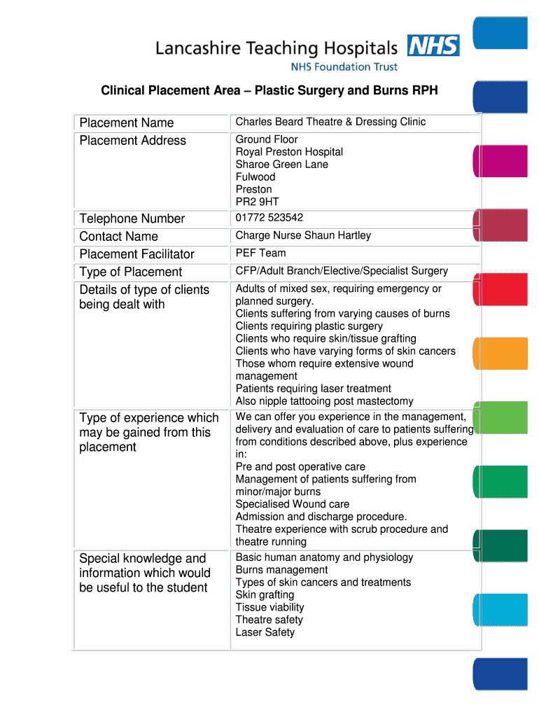 Fillable Online Clinical Placement Area Plastic Surgery and Burns RPH