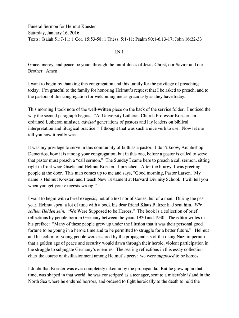 Fillable Online Funeral Sermon for Helmut Koester Fax Email Print