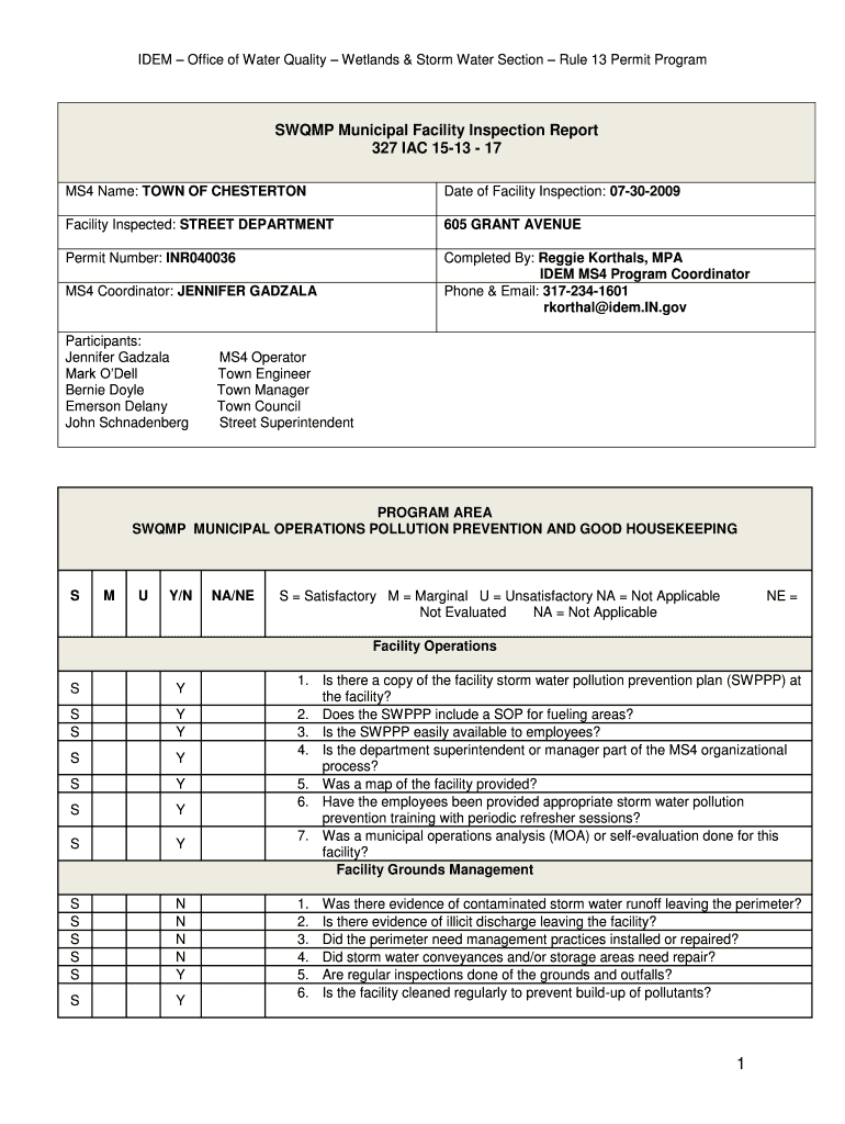 SWQMP Municipal Facility Inspection Report Preview on Page 1