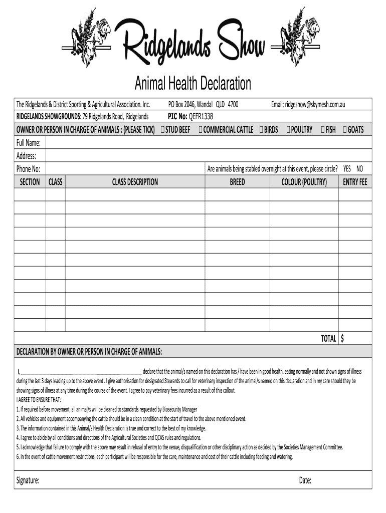 Fillable Online Animal Health Declaration Fax Email Print pdfFiller