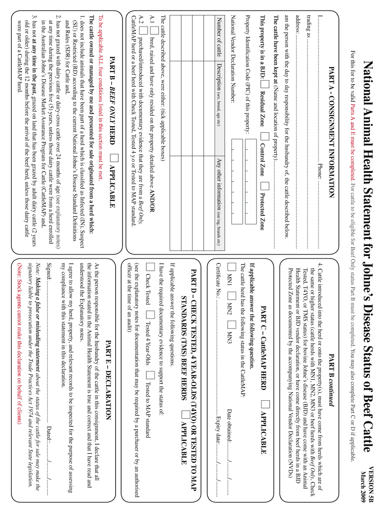 Fillable Online National Animal Health Statement for Johnes Disease
