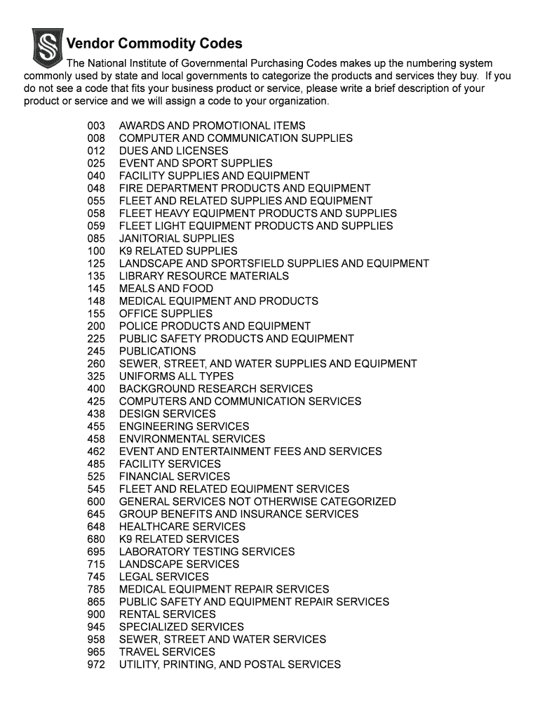 Fillable Online Vendor Commodity Codes Fax Email Print pdfFiller