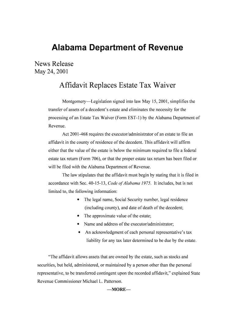 Fillable Online Affidavit Replaces Estate Tax Waiver Fax Email Print pdfFiller