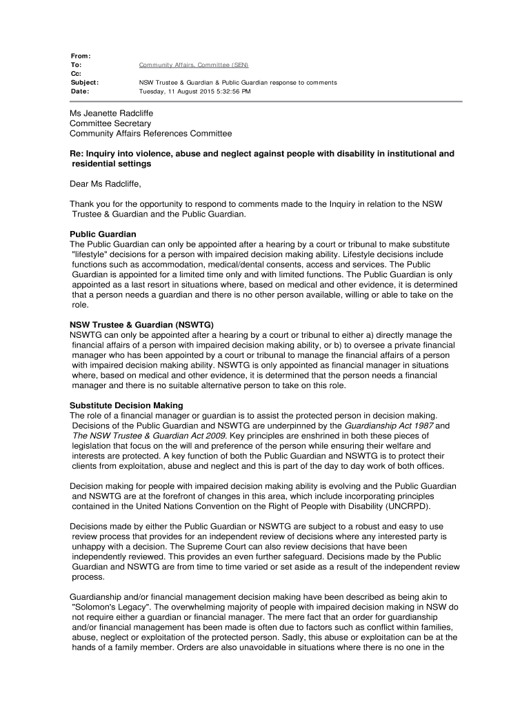 Fillable Online NSW Trustee & Guardian & Public Guardian response to comments Fax Email Print