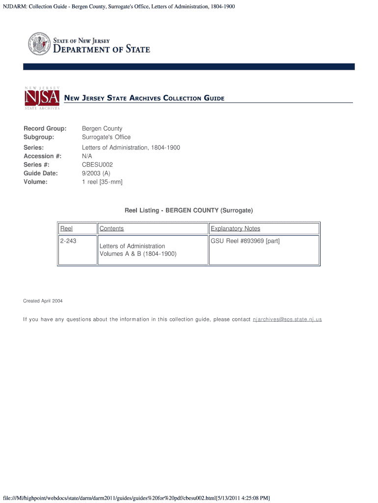 Fillable Online NJDARM Collection Guide Bergen County, Surrogate's Office, Letters of