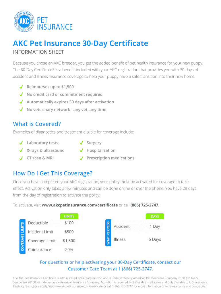 Fillable Online AKC Pet Insurance 30Day Certificate Fax Email Print pdfFiller