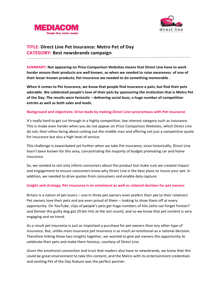 Fillable Online TITLE Direct Line Pet Insurance Metro Pet of Day Fax