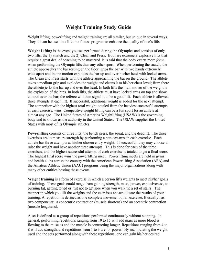 Fillable Online Weight Training Study Guide Fax Email Print pdfFiller