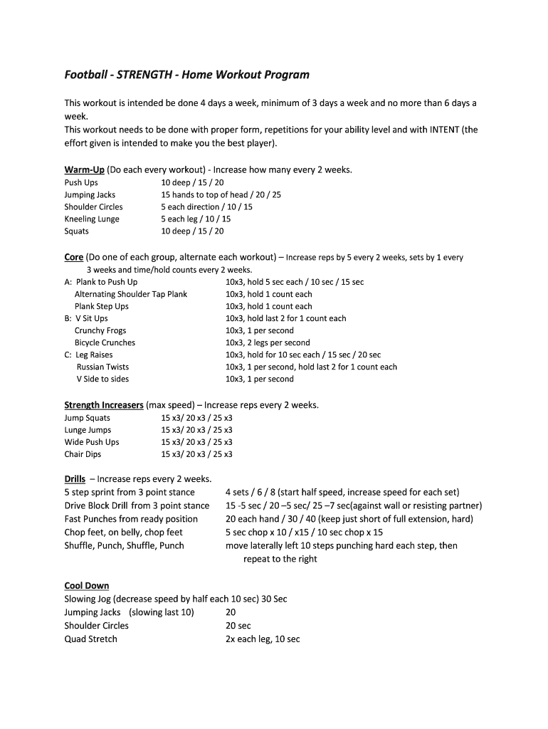 Fillable Online Football STRENGTH Home Workout Program Fax Email