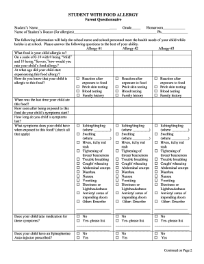 Student Food Allergy Parent Questionnaire