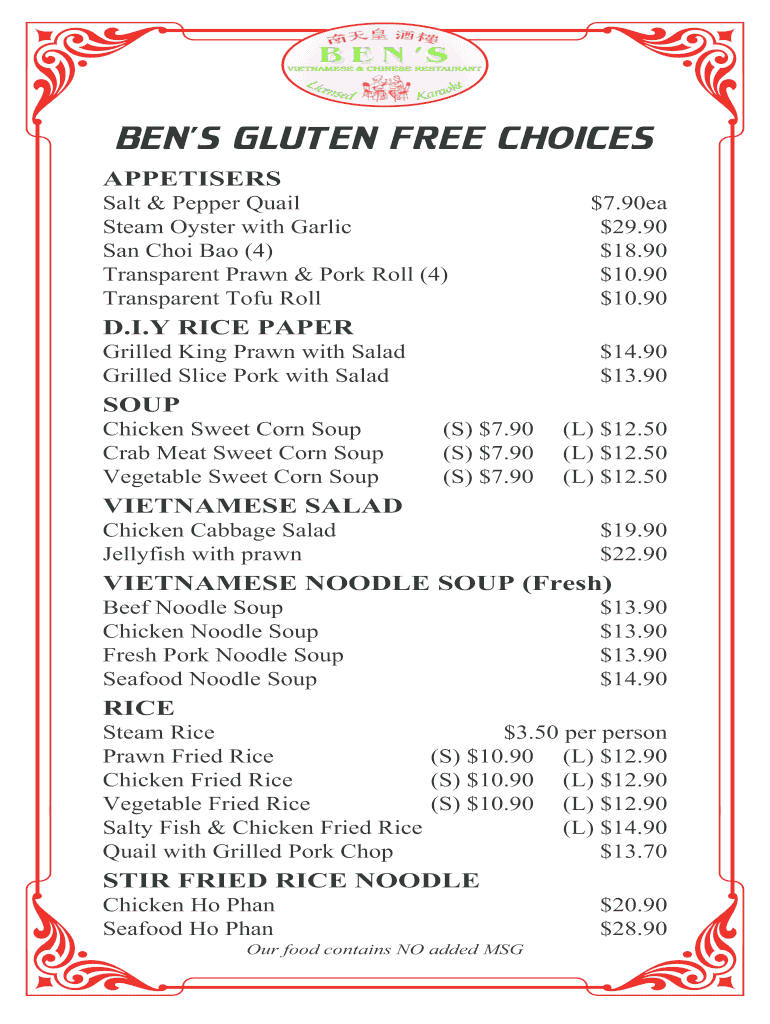 Fillable Online BENS GLUTEN FREE CHOICES Fax Email Print pdfFiller