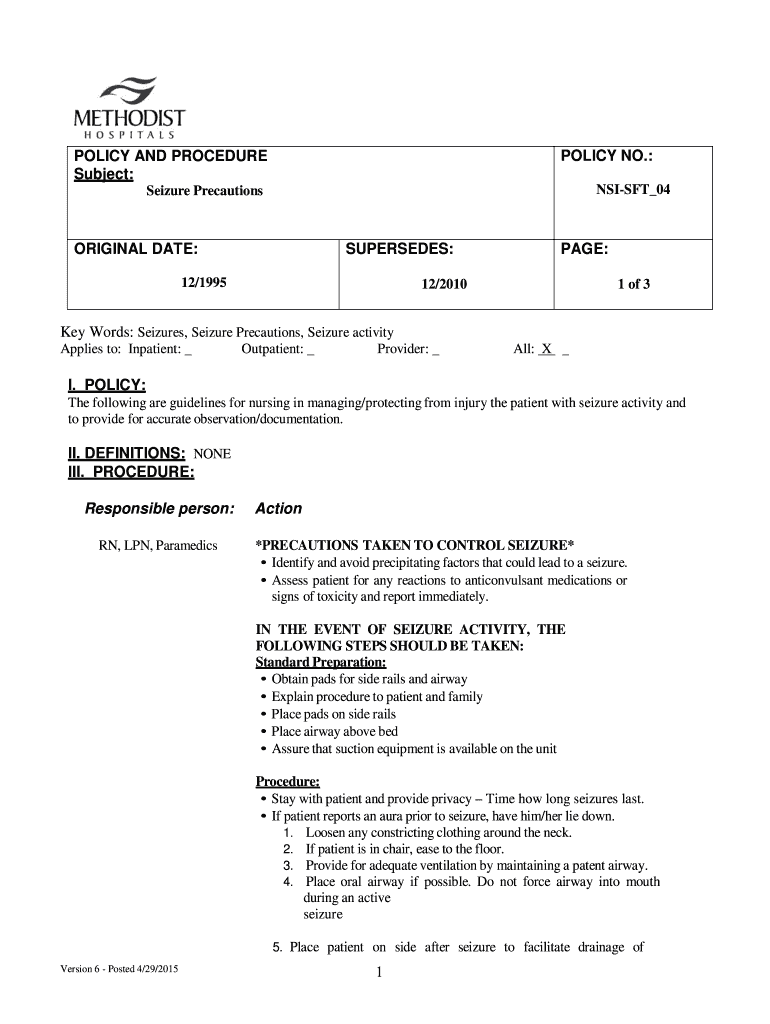 Fillable Online Key Words: Seizures, Seizure Precautions, Seizure ...