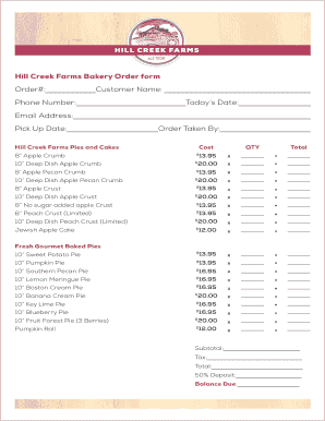 Hill Creek Farms Bakery Order form