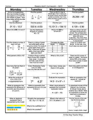 Weekly Math Homework Template