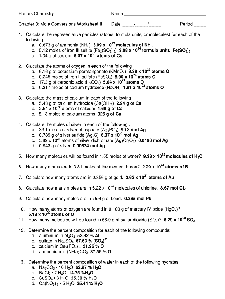 Fillable Online Chapter 3 Mole Conversions Worksheet II Fax Email