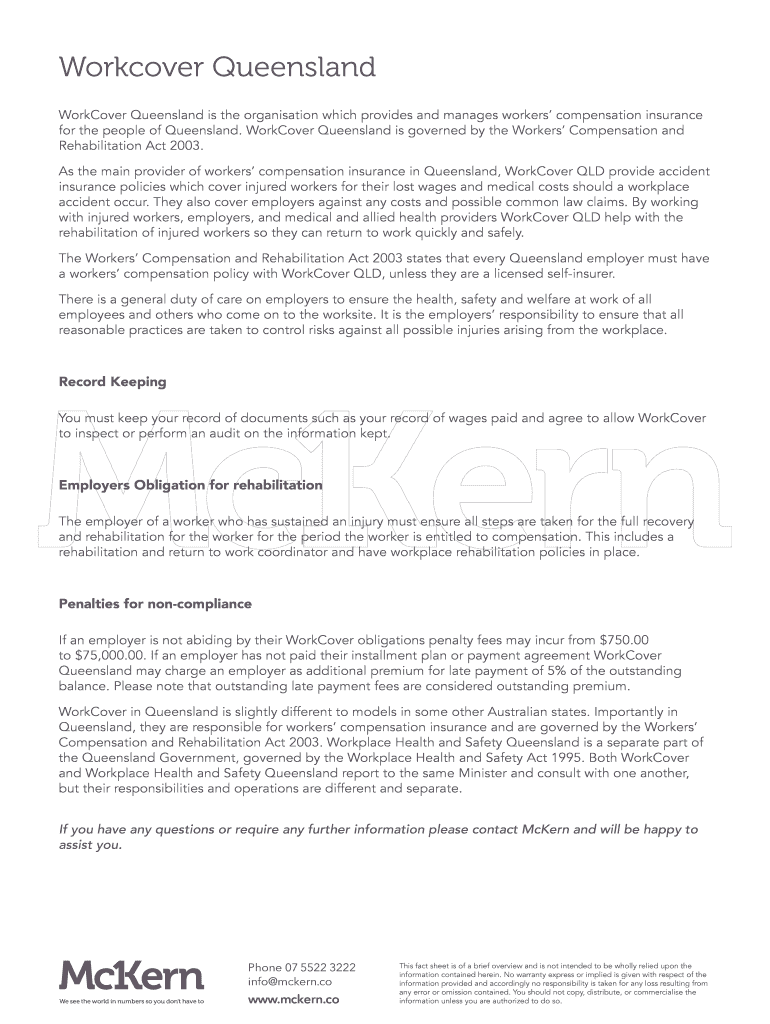 Fillable Online WorkCover Queensland is the organisation which provides