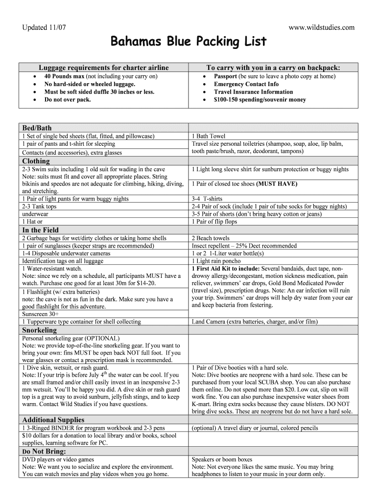 Fillable Online Bahamas Blue Packing List Fax Email Print - pdfFiller