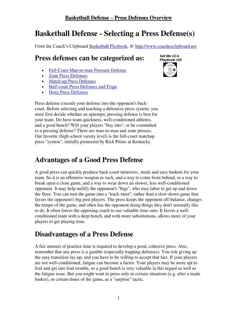 Fillable Online Basketball Defense Press Defenses Overview Fax Email