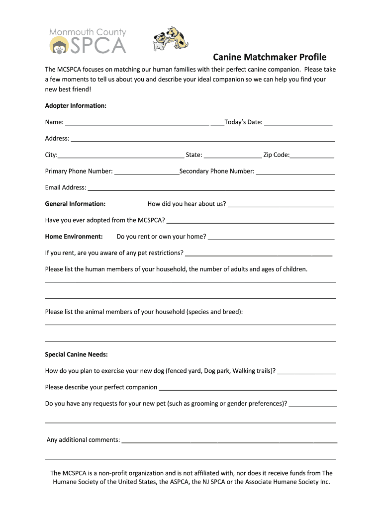 Fillable Online Canine Matchmaker Profile Fax Email Print - pdfFiller