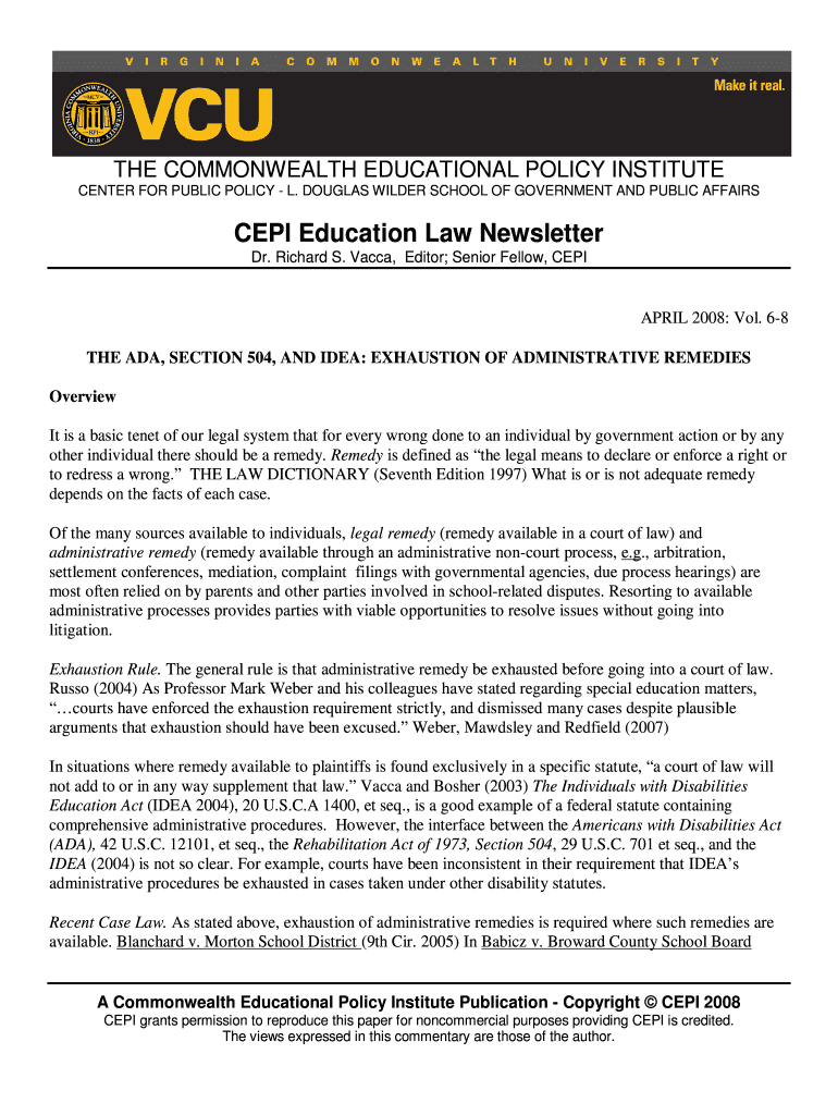 Fillable Online THE ADA, SECTION 504, AND IDEA EXHAUSTION OF