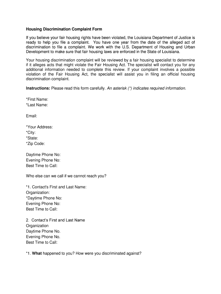 Fillable Online Housing Discrimination Complaint Form Fax Email Print
