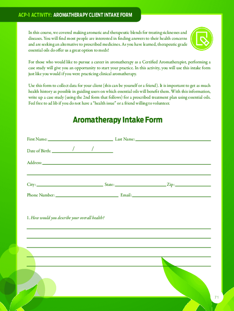 aromatherapy intake forms Preview on Page 1.