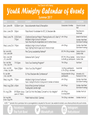 Fillable Online Youth Ministry Calendar of Events Fax Email Print ...