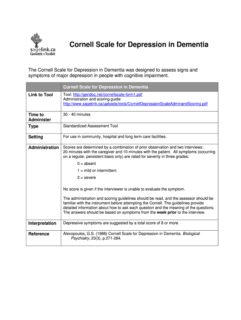 Fillable Online The Cornell Scale for Depression in Dementia was ...