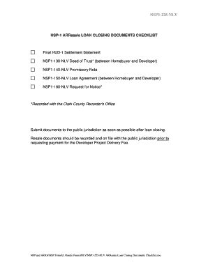 NSP-1 ARResale LOAN CLOSING DOCUMENTS CHECKLIST