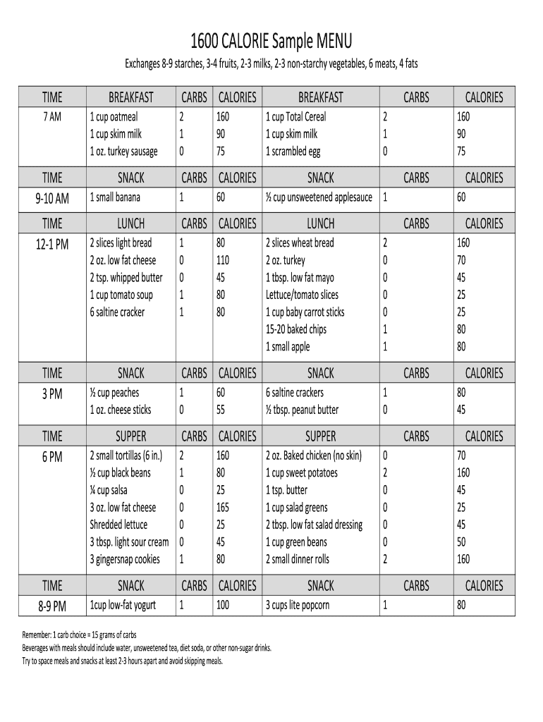 Fillable Online 1600 CALORIE Sample MENU Fax Email Print - pdfFiller