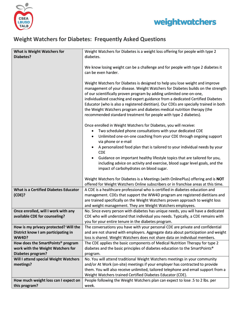 Fillable Online Weight Watchers for Diabetes Frequently Asked