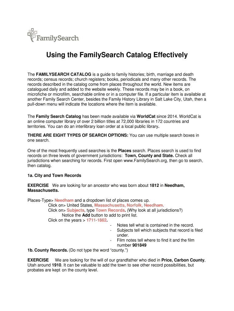 Fillable Online Using the FamilySearch Catalog Effectively Fax Email