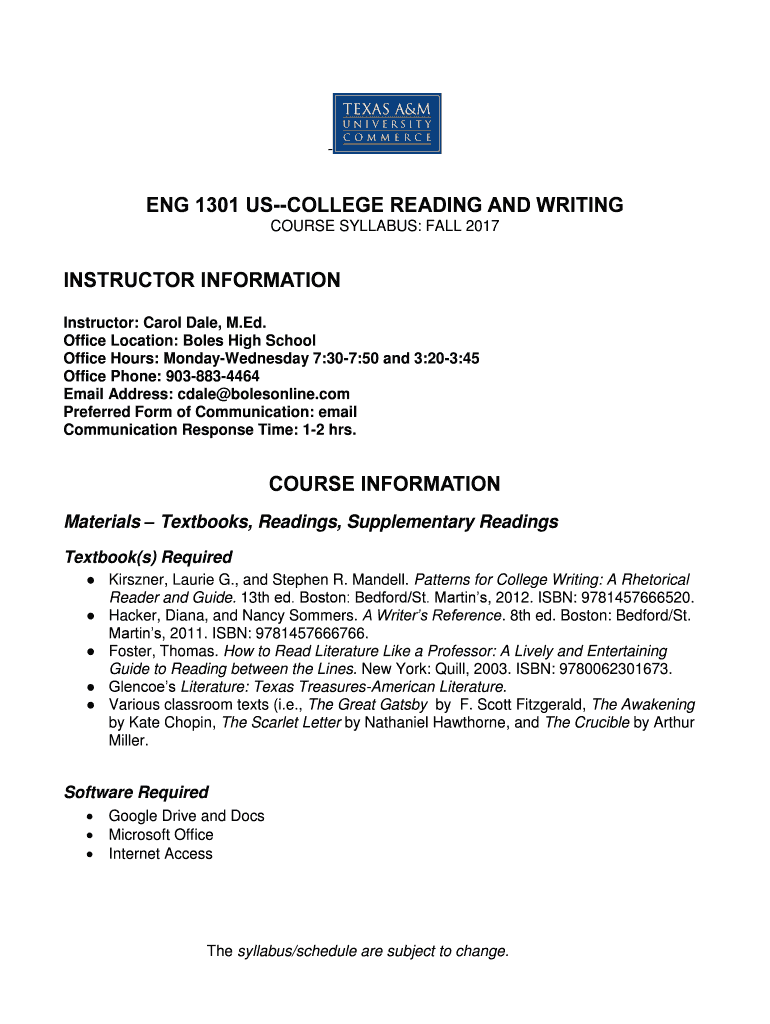 Fillable Online ENG 1301 USCOLLEGE READING AND WRITING Fax Email