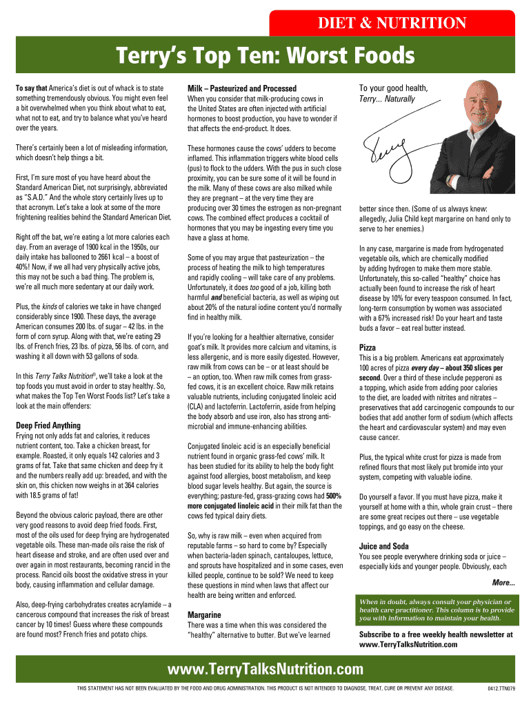 Fillable Online Terrys Top Ten Worst Foods Fax Email Print pdfFiller