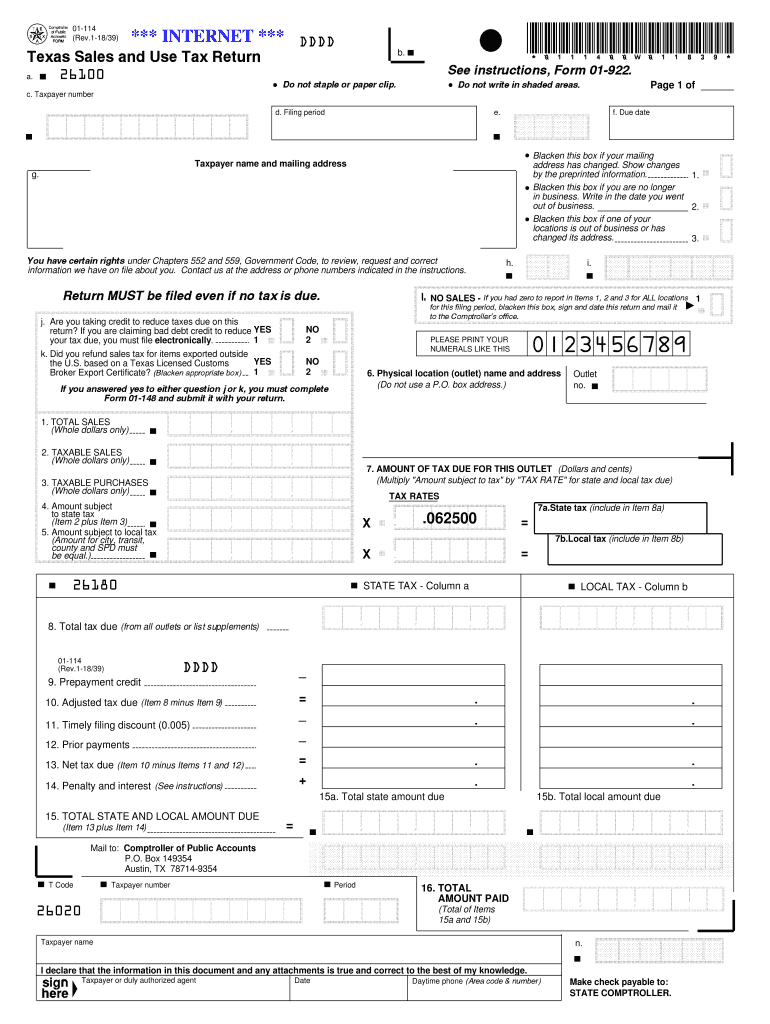 2018 Form TX Comptroller 01 114 Fill Online Printable Fillable Blank