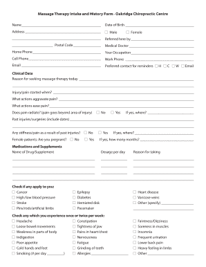 Fillable Online Massage Therapy Intake and History Form Oakridge ...
