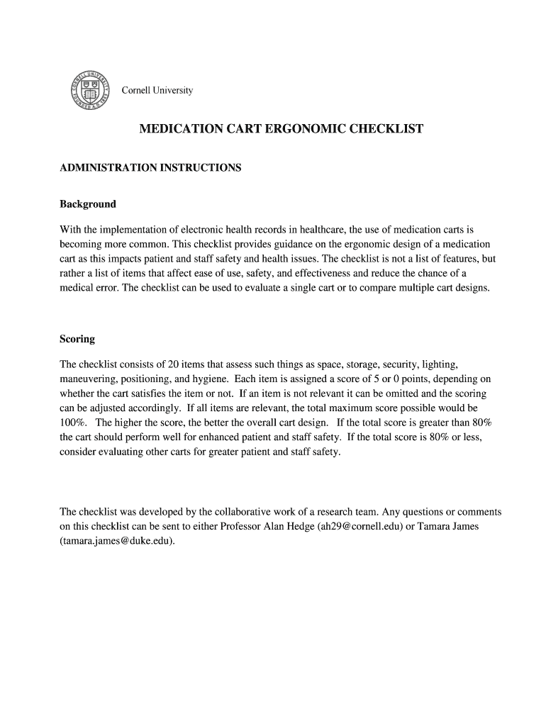 Fillable Online MEDICATION CART ERGONOMIC CHECKLIST Fax Email Print