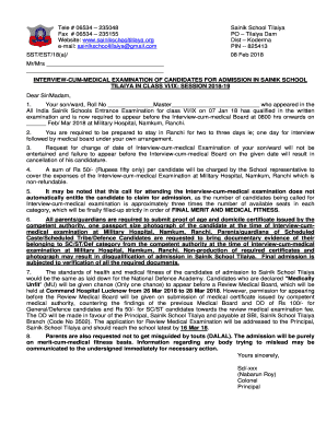 Call letter for interview-cum-medical 2018-19 - Sainik School Tilaiya