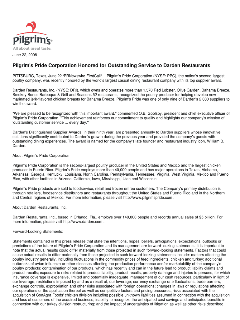 Fillable Online Pilgrim's Pride Corporation Honored for Outstanding ...
