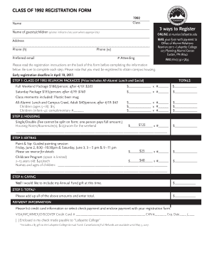 Fillable Online reunion lafayette CLASS OF 1992 REGISTRATION FORM Fax ...