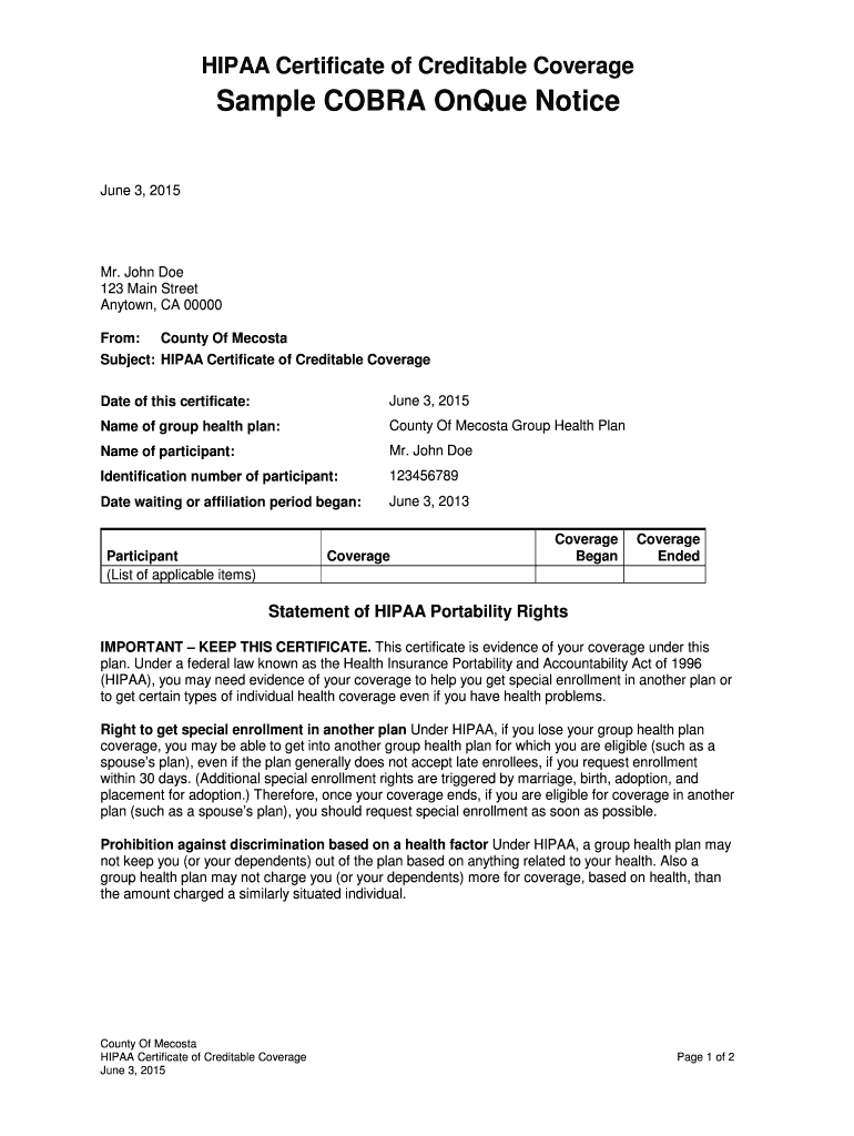 Fillable Online Sample Certificate Of Creditable Coverage Certificate 