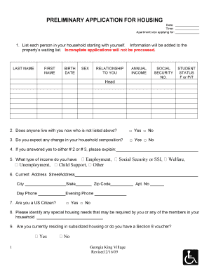 preliminary application for housing - Georgia King Village
