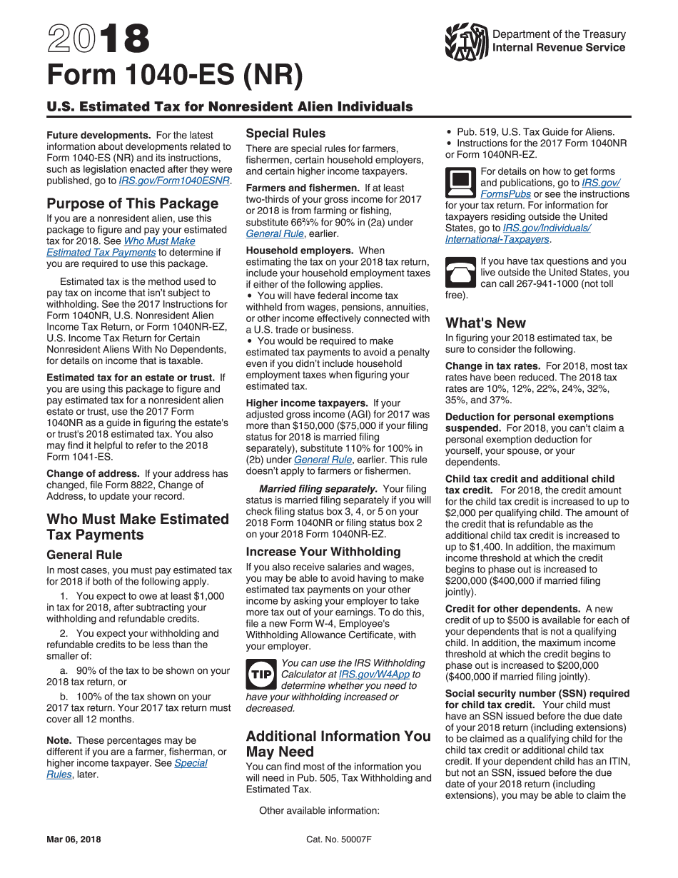 Online Irs Form 1040 Es Nr 2018 2019 Fillable And Editable Pdf