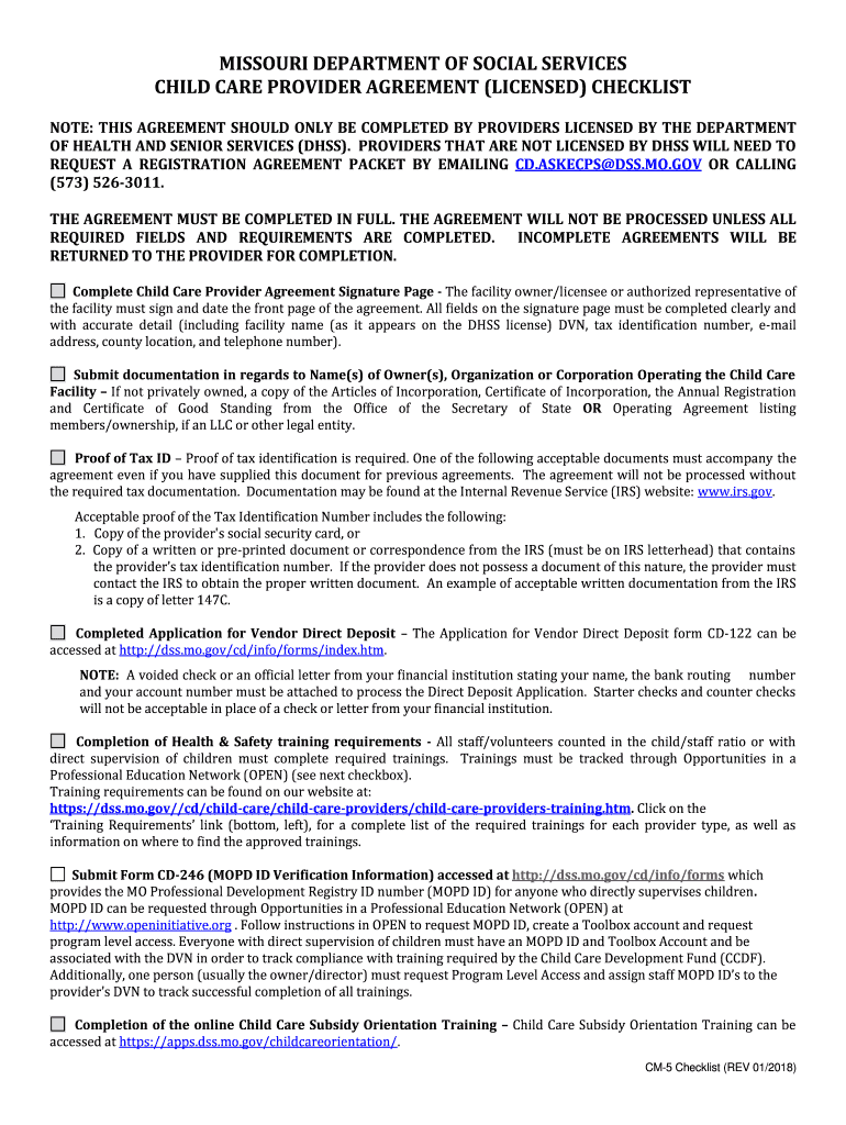 Fillable Online dss mo Child Care Provider Agreement Missouri