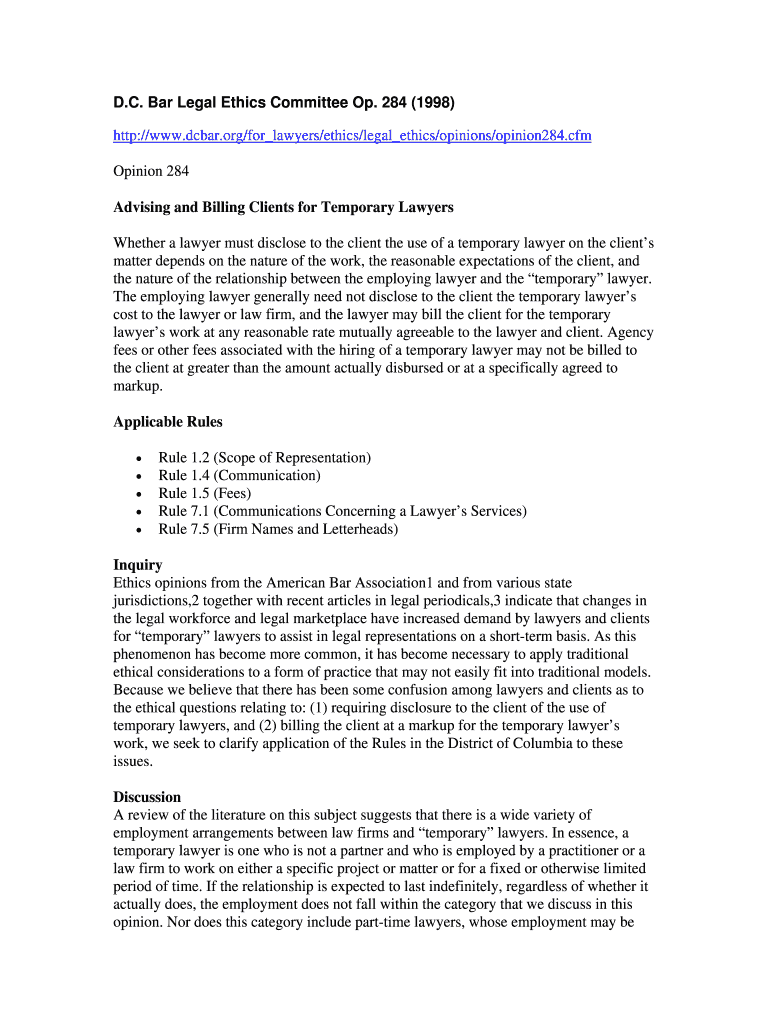 Fillable Online Ethics Opinion 284 Advising and Billing Clients for