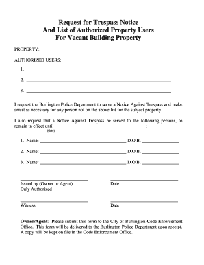 Fillable Online Notice of Trespass - Burlington Fax Email Print - pdfFiller