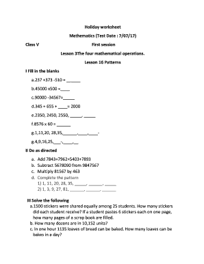 Holiday worksheet Mathematics (Test Date : 7/07/17) Class V First ...