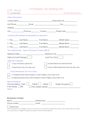 UTOVacation Tour Booking Form