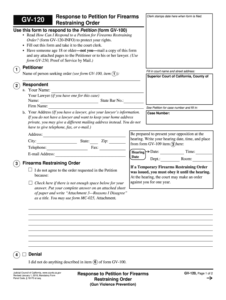 GV-120 Response to Petition for Firearms Restraining Order. Judicial Council forms Preview on Page 1